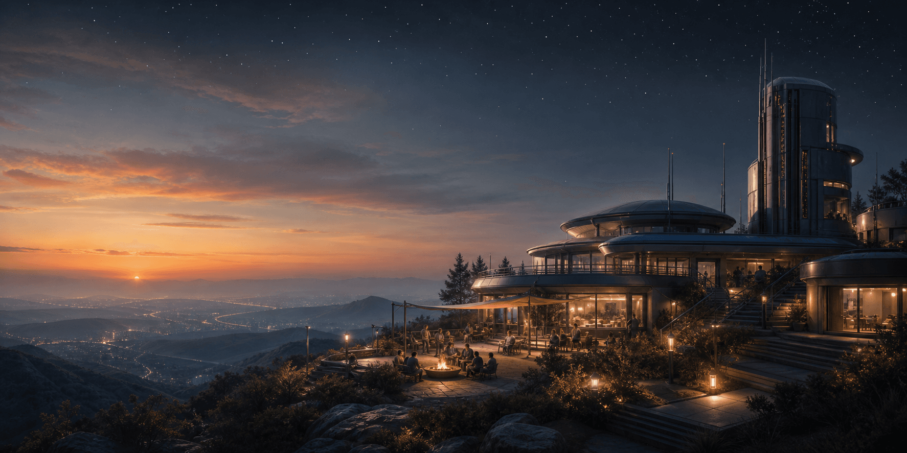 Futuristischer, rechtlich neutraler Outpost bei Dämmerung